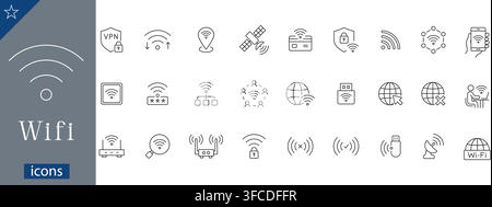 Wifi line icons set showing wireless signal, router, VPN security, internet connection, satellite, hotspot, network linear vector illustration Stock Vector