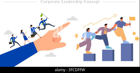 Corporate leadership concept showing giant hand guiding business team, leader holding flag, climbing bar chart steps flat vector illustration Stock Vector
