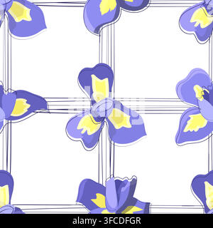 Seamless vector pattern of blue irises with thin lines. Vector illustration Stock Vector