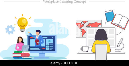 Workplace learning concept showing online video course, e-learning webinar, corporate training, computer desk study, flat vector illustration Stock Vector