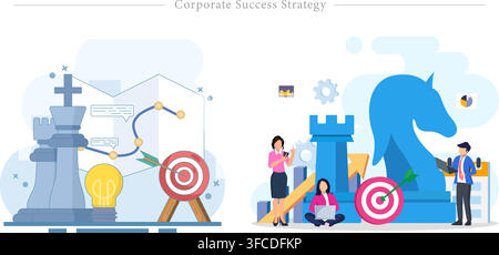 Corporate success strategy concept showing business team planning with chess pieces, target board, roadmap, idea bulb, flat vector illustration Stock Vector