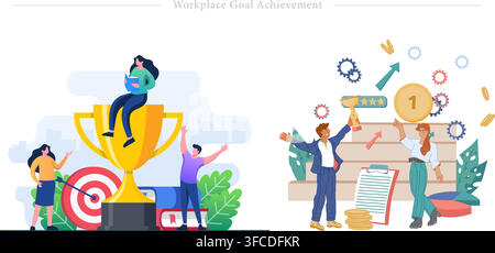 Workplace goal achievement concept showing business team celebrating success with trophy, target, number one gold coin, and flat vector illustration Stock Vector