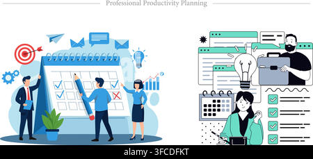Professional productivity planning concept showing team schedule, calendar organizer, checklist, workflow strategy, and flat vector illustration Stock Vector
