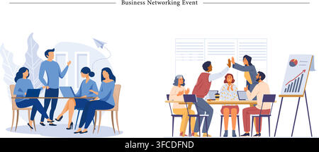 Business networking event concept showing corporate team collaboration, high five celebration, meeting, and presentation flat vector illustration Stock Vector