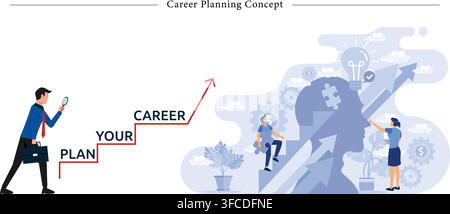 Career planning concept showing businessman stepping up career ladder with magnifying glass, mind strategy, and goal setting flat vector illustration Stock Vector