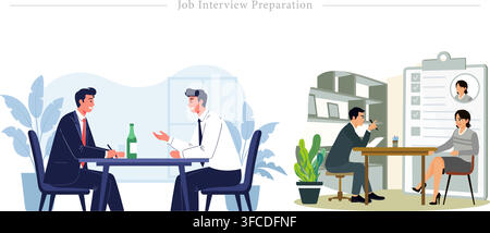 Job interview preparation concept showing employer interviewing candidates, evaluation checklist, and hiring meeting flat vector illustration Stock Vector