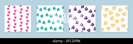 Set of four seamless multicolored cat paw patterns. Vector illustration Stock Vector