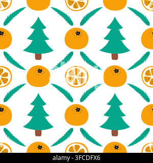 New Year seamless bright pattern with tangerines, Christmas tree and Christmas tree branch on a white background. Vector illustration Stock Vector