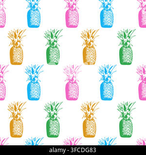 Vector pattern of multicolored sketching pineapples on a white background. Vector illustration Stock Vector