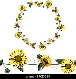 Detailed contour wreath with yellow sunflowers with green leaves isolated on white. Round frame for your design, greeting cards, wedding announcements Stock Vector