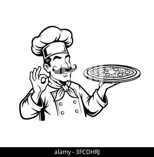 Line art graphic of a smiling chef in a traditional uniform making an okay sign while holding a hot pizza Stock Vector