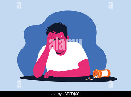 An illustration of a stressed person holding their head in frustration near a spilled container of medical pills Stock Vector