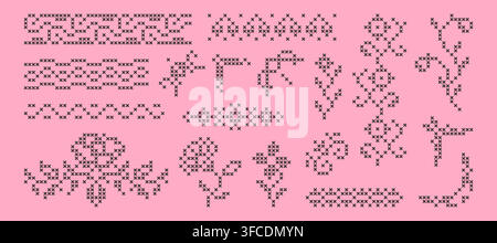 Vector set of embroidered cross stitch patterns on pink background. Decorative flowers and seamless floral border frame designs, lace details for handmade textile art and craft sewing projects Stock Vector