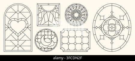 Stained glass window patterns set for gothic style cathedral design. Vector illustration of arched and round church frame with geometric pattern and rose motif, medieval religious architecture element Stock Vector