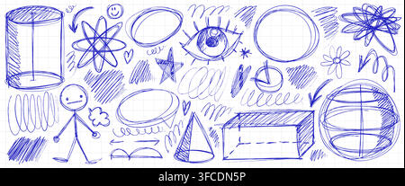 Hand drawn school doodles, math or physics sketches, blue pen signs on grid paper sheet background. Educational vector symbols with geometry solid shapes, arrows, and funny marker scribbles Stock Vector