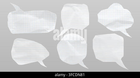Torn paper speech balloons with crumpled texture, 3d realistic vector chat, stickers on transparent background. White dialogue bubble elements with grid or line pattern for comic conversation collage Stock Vector