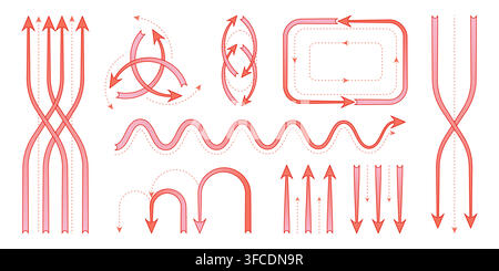 Red arrow icons showing heat flow direction and hot air circulation with color gradient effect. Vector abstract illustrations of warm airflow lines, wind or ventilation stream on white background Stock Vector