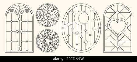 Gothic church window with ornate arch frame and decorative floral pattern. Vector medieval shape silhouettes, cathedral stained glass design with classic architectural elements, vintage catholic style Stock Vector