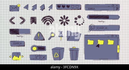 Hand drawn doodle browser icons, search bar and loading progress circles, sketch vector buttons. Ui elements for web interface design, computer window and cursor arrow, picture, trash, message signs Stock Vector