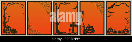 Halloween frames with spooky spider web, black bats, and pumpkin silhouette on background, vector borders for social media posts. Scary cobweb patterns, gothic banners for haunting atmosphere Stock Vector