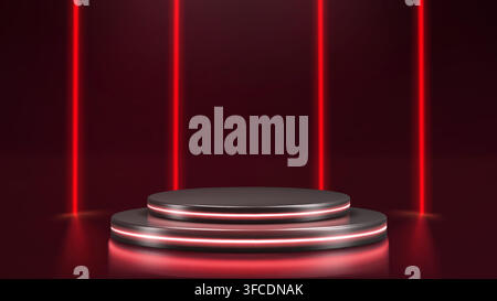 Futuristic neon podium with glowing red laser lights on dark background. Vector realistic illustration of modern 3D platform for product display, abstract tech podium design, casino banner backdrop Stock Vector
