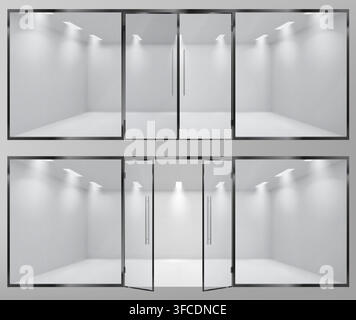 Modern retail space mockup with open and closed glass doors. Vector realistic illustration of empty store room with bright LED lights, transparent entrance windows, company office, showroom design Stock Vector