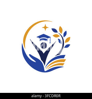 Modern Education Graduate Cap Book Caring Hand Tree Branch Logo Stock Vector