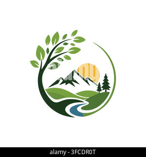 Eco Friendly Mountain Sun River Tree Forest Green Landscape Logo Stock Vector
