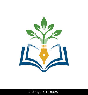 Modern Education Tree Sprout Pen Nib Open Book Knowledge Logo Stock Vector