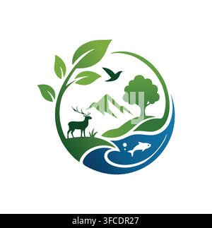 Eco Friendly Wildlife Nature Sanctuary Mountain River Deer Bird Logo Stock Vector