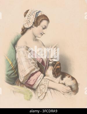 Young woman training her lap dog, Faites le beau!, Motifs in miniature, Motifs de miniature, print, Series number, 3, 7, printmaker: Émile Lassalle, printer (person): Joseph Rose Lemercier, Paris, publisher: Goupil & Cie., Berlin, New York (city), 1855 - 1858, printer (person), North America, paper, tone lithography, hand coloring, hand colored, height 565 mm x width 411 mm, dog, sitting figure - AA - female human figure, training or performing dog., A seated woman in a light dress with ruffled sleeves and lace trim looks down with a gentle expression while a small long-eared dog rests on her Stock Photo