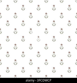 Floral ornament, seamless pattern. Vector illustration. Geometric pattern of purple flowers and green leaves, isolated on background. For decorating Stock Vector