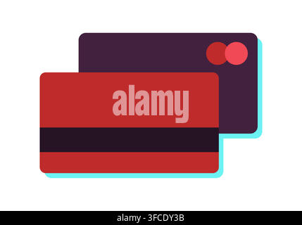 Bank card on both sides. Plastic debit or credit card. Non-cash payment method. Personal finance. Isolated object with shadow. Color icon - red, purpl Stock Vector