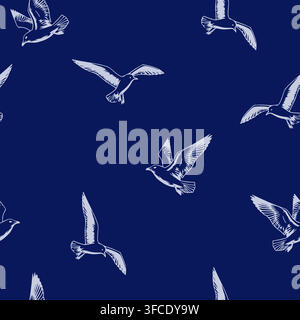 Sea gulls are flying. Vector illustration.A seamless bird pattern is isolated on a blue background. Seafood, restaurant-themed, for printing on packag Stock Vector