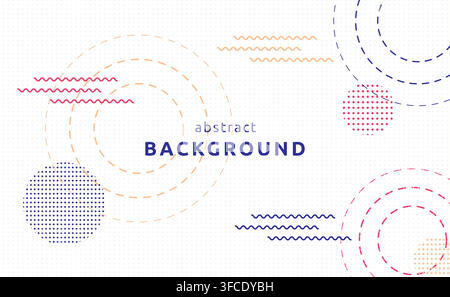Abstract dotted circles, waves on a white background. Geometric figures. Dots pattern. Memphis style. Minimalistic backdrop. Color images - blue, pink Stock Vector