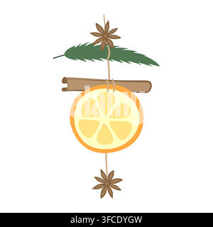Christmas decoration. Dried orange, cinnamon stick and star anise tied with rope. Festive Homemade. Home decor. New Year atmosphere. Christmas tree br Stock Vector