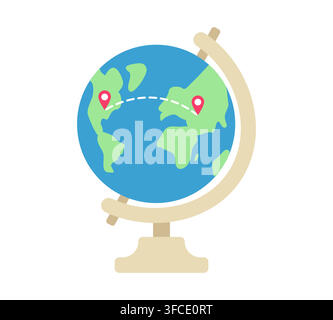 Globe with route for air travel. Selecting country for tour. Pins, dotted line. Planning trip, vacation. World map. Flight across continent. Planet Ea Stock Vector