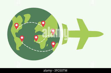 Flight Routes on Earth. Airplane shape. Trip around world to different Countries. Pin icons Planet. Paths from take-off point. Fly Air travel. Color i Stock Vector