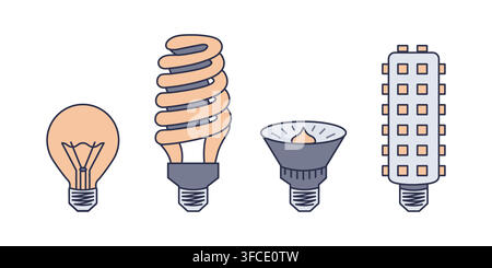 Set of types of lamps - incandescent, fluorescent, halogen, LED. 4 types of light bulbs. Lighting equipment. Electricity. Different variants. Color ic Stock Vector