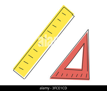 Set of rulers. Triangular ruler. Doodle. Stationery items. Office tools. Measuring lengths, angles. Subjects for a math lesson. Back to school. Isolat Stock Vector
