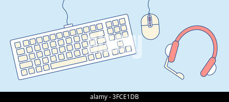 Keyboard, computer mouse, headset. Illustration Working office desk. View from above. Computer accessories. Gaming equipment and technologies. Headpho Stock Vector