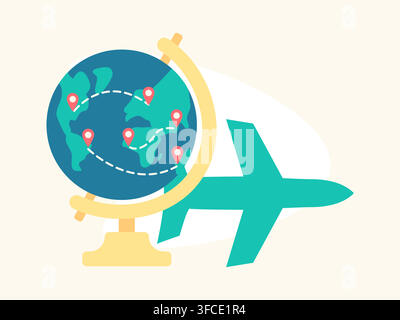 Globe with airline routes. Airplane shape. Red pins and dotted lines. Trip planning. Traveling across the world. Flight across ocean. Tour, adventure. Stock Vector