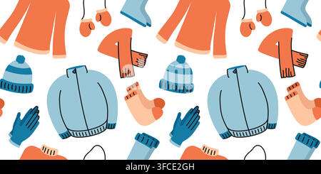 Pattern of warm winter clothes. Jacket and knitted sweater. Scarf, hat. Gloves and mittens. Socks, rubber boots. Outerwear. Wardrobe elements. Color i Stock Vector