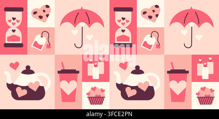 Square Pattern of items for Valentine Day. Festive love print. Hourglass, umbrella. Heart shaped cookies, cupcake. Kettle, tea bag and cup of coffee. Stock Vector