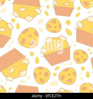 . American Cupcake and Cookies. Dessert and pastries. Confectionery. Seamless pattern Sweet food. Color image on a white background. Vector illustrati Stock Vector
