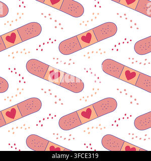 Band-aid pattern with heart. Patch. Fast medical help. Plasters. Heal with care and love. Flat style. Psychological and mental help. Seamless print. C Stock Vector