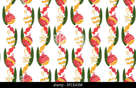 Pattern with Christmas tree toys, pine branches and candies. Holiday decorations - Christmas ball, sweets. New Year seamless pattern on white. Bright Stock Vector