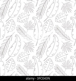 Pattern of contour tropical leaves on a white background. Palm, monstera, fern. Botanical print, plant. Linear silhouettes of leaves. Vector illustrat Stock Vector