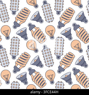 Pattern of types of lamps - incandescent, fluorescent, halogen, LED. 4 types of light bulbs. Electricity. Lighting equipment. Color image with outline Stock Vector