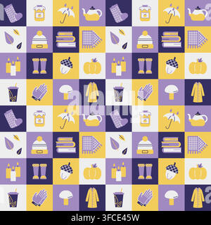 Square pattern set of autumn items. Warm clothes, activities, hobbies, food and harvest. Leaves, umbrella, rain. Reading books. Jam, mushroom, acorn. Stock Vector